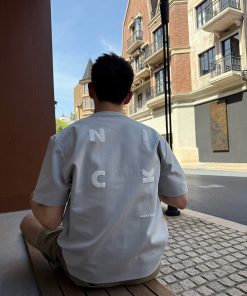 Light Blue Letter Print Short-Sleeve T-Shirt for Men, Summer American Casual Loose Fit, 90s Y2K Style Top