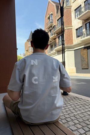 Light Blue Letter Print Short-Sleeve T-Shirt for Men, Summer American Casual Loose Fit, 90s Y2K Style Top