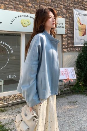 Light Blue Suede Short Coat for Women â€“ 2025 Spring Autumn Petite Jacket, Trendy Fashion Outerwear