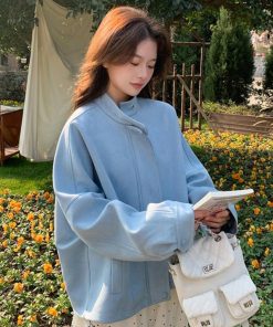Light Blue Suede Short Coat for Women â€“ 2025 Spring Autumn Petite Jacket, Trendy Fashion Outerwear