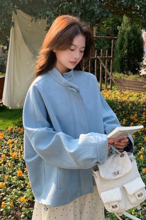 Light Blue Suede Short Coat for Women â€“ 2025 Spring Autumn Petite Jacket, Trendy Fashion Outerwear