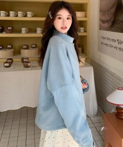 Light Blue Suede Short Coat for Women â€“ 2025 Spring Autumn Petite Jacket, Trendy Fashion Outerwear