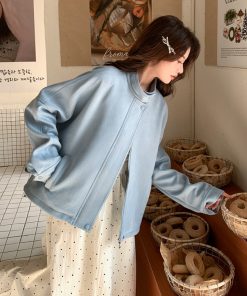 Light Blue Suede Short Coat for Women â€“ 2025 Spring Autumn Petite Jacket, Trendy Fashion Outerwear