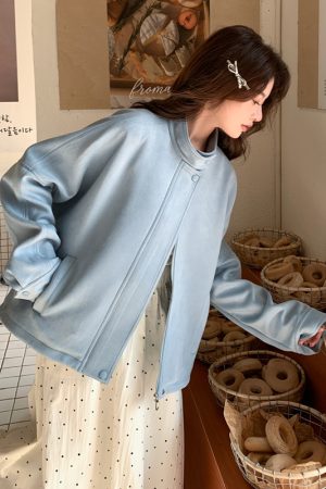 Light Blue Suede Short Coat for Women â€“ 2025 Spring Autumn Petite Jacket, Trendy Fashion Outerwear