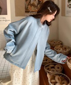 Light Blue Suede Short Coat for Women â€“ 2025 Spring Autumn Petite Jacket, Trendy Fashion Outerwear