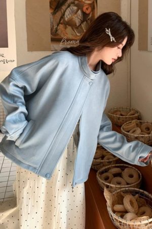Light Blue Suede Short Coat for Women â€“ 2025 Spring Autumn Petite Jacket, Trendy Fashion Outerwear