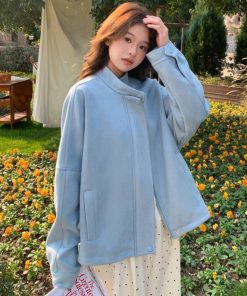 Light Blue Suede Short Coat for Women â€“ 2025 Spring Autumn Petite Jacket, Trendy Fashion Outerwear