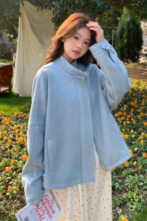 Light Blue Suede Short Coat for Women â€“ 2025 Spring Autumn Petite Jacket, Trendy Fashion Outerwear