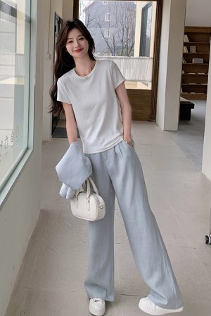Light Blue Vest and Wide-Leg Pants Three-Piece Casual Suit Set for Women â€“ Youthful High-End OOTD Outfit