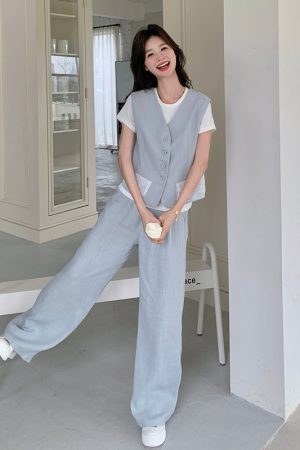 Light Blue Vest and Wide-Leg Pants Three-Piece Casual Suit Set for Women â€“ Youthful High-End OOTD Outfit