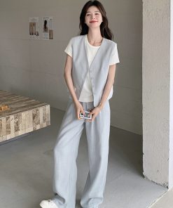 Light Blue Vest and Wide-Leg Pants Three-Piece Casual Suit Set for Women â€“ Youthful High-End OOTD Outfit