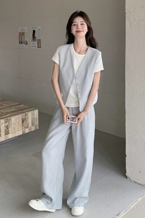 Light Blue Vest and Wide-Leg Pants Three-Piece Casual Suit Set for Women â€“ Youthful High-End OOTD Outfit