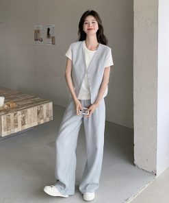 Light Blue Vest and Wide-Leg Pants Three-Piece Casual Suit Set for Women â€“ Youthful High-End OOTD Outfit