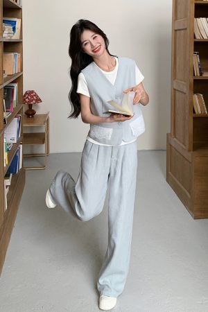 Light Blue Vest and Wide-Leg Pants Three-Piece Casual Suit Set for Women â€“ Youthful High-End OOTD Outfit