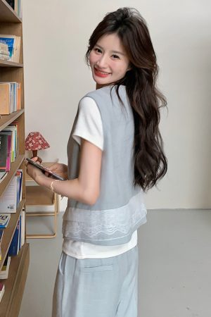 Light Blue Vest and Wide-Leg Pants Three-Piece Casual Suit Set for Women â€“ Youthful High-End OOTD Outfit