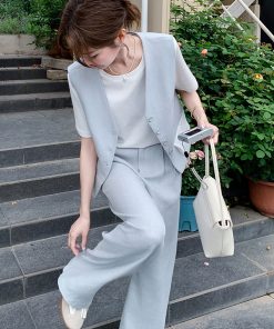 Light Blue Vest and Wide-Leg Pants Two-Piece Casual Set - Youthful High-End Style, Perfect for OOTD, Summer Fashion, Trendy Look