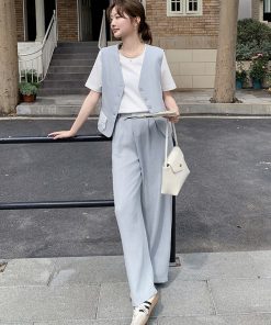 Light Blue Vest and Wide-Leg Pants Two-Piece Casual Set - Youthful High-End Style, Perfect for OOTD, Summer Fashion, Trendy Look