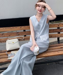 Light Blue Vest and Wide-Leg Pants Two-Piece Casual Set - Youthful High-End Style, Perfect for OOTD, Summer Fashion, Trendy Look