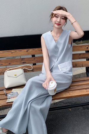 Light Blue Vest and Wide-Leg Pants Two-Piece Casual Set - Youthful High-End Style, Perfect for OOTD, Summer Fashion, Trendy Look