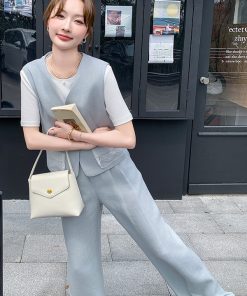 Light Blue Vest and Wide-Leg Pants Two-Piece Casual Set - Youthful High-End Style, Perfect for OOTD, Summer Fashion, Trendy Look