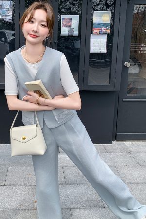 Light Blue Vest and Wide-Leg Pants Two-Piece Casual Set - Youthful High-End Style, Perfect for OOTD, Summer Fashion, Trendy Look