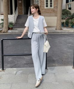Light Blue Vest and Wide-Leg Pants Two-Piece Casual Set - Youthful High-End Style, Perfect for OOTD, Summer Fashion, Trendy Look