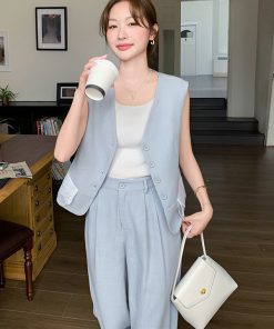 Light Blue Vest and Wide-Leg Pants Two-Piece Casual Set - Youthful High-End Style, Perfect for OOTD, Summer Fashion, Trendy Look