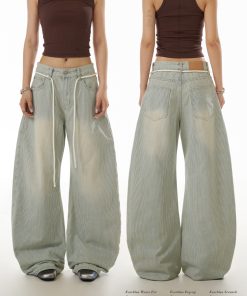 Light Blue Vintage Striped Curved Knife Jeans for Women - Washed Casual Pants with Draped Slim Fit Wide Leg