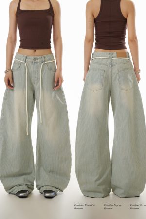 Light Blue Vintage Striped Curved Knife Jeans for Women - Washed Casual Pants with Draped Slim Fit Wide Leg