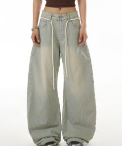 Light Blue Vintage Striped Curved Knife Jeans for Women - Washed Casual Pants with Draped Slim Fit Wide Leg