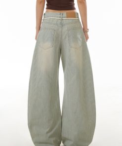 Light Blue Vintage Striped Curved Knife Jeans for Women - Washed Casual Pants with Draped Slim Fit Wide Leg