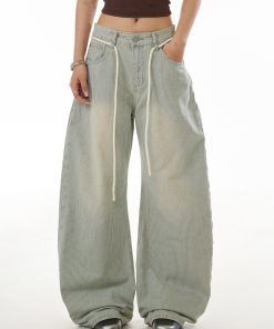 Light Blue Vintage Striped Curved Knife Jeans for Women - Washed Casual Pants with Draped Slim Fit Wide Leg