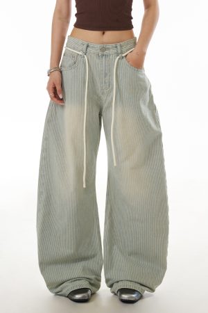 Light Blue Vintage Striped Curved Knife Jeans for Women - Washed Casual Pants with Draped Slim Fit Wide Leg