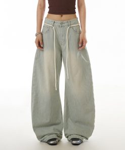 Light Blue Vintage Striped Curved Knife Jeans for Women - Washed Casual Pants with Draped Slim Fit Wide Leg