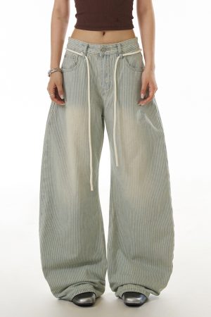 Light Blue Vintage Striped Curved Knife Jeans for Women - Washed Casual Pants with Draped Slim Fit Wide Leg