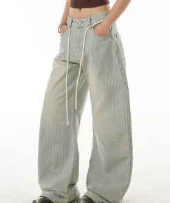 Light Blue Vintage Striped Curved Knife Jeans for Women - Washed Casual Pants with Draped Slim Fit Wide Leg