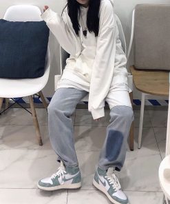 Light-Colored Patchwork Color-Block Denim Straight Leg Pants - Trendy Loose Fit Slimming Versatile Style for Casual Wear