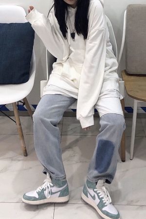 Light-Colored Patchwork Color-Block Denim Straight Leg Pants - Trendy Loose Fit Slimming Versatile Style for Casual Wear