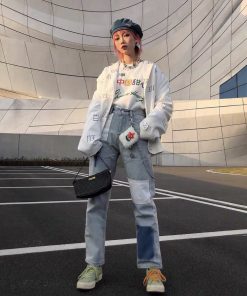 Light-Colored Patchwork Color-Block Denim Straight Leg Pants - Trendy Loose Fit Slimming Versatile Style for Casual Wear