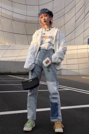 Light-Colored Patchwork Color-Block Denim Straight Leg Pants - Trendy Loose Fit Slimming Versatile Style for Casual Wear