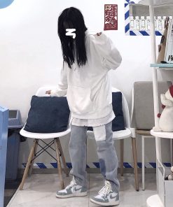 Light-Colored Patchwork Color-Block Denim Straight Leg Pants - Trendy Loose Fit Slimming Versatile Style for Casual Wear