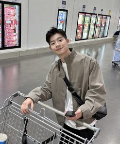 Light Gray Japanese-Style Retro Stand Collar Jacket for Men and Women, Versatile Loose Casual Coat for Spring and Autumn