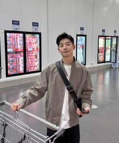 Light Gray Japanese-Style Retro Stand Collar Jacket for Men and Women, Versatile Loose Casual Coat for Spring and Autumn