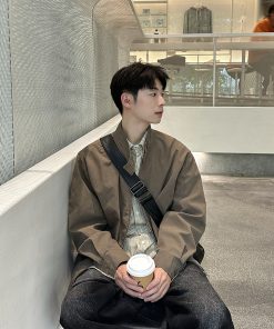 Light Gray Japanese-Style Retro Stand Collar Jacket for Men and Women, Versatile Loose Casual Coat for Spring and Autumn