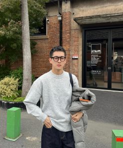 Light Gray Round Neck Sweater for Men, Korean Style Casual Knit Top, Autumn Winter Fashion Essential