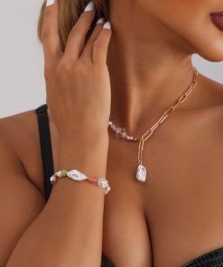 Light Luxury Colorful Beaded Necklace Set with Faux Pearl and Chain, European American Fashionable Accessory for Stylish Outfits