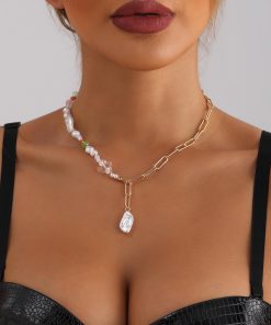 Light Luxury Colorful Beaded Necklace Set with Faux Pearl and Chain, European American Fashionable Accessory for Stylish Outfits