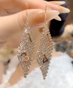 Light Luxury Crystal Diamond-Shaped Earrings with Zircon â€“ Versatile High-End Ethnic Style Ear Hooks for Fashionable Looks