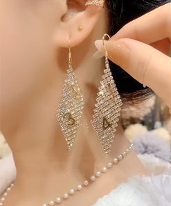 Light Luxury Crystal Diamond-Shaped Earrings with Zircon â€“ Versatile High-End Ethnic Style Ear Hooks for Fashionable Looks