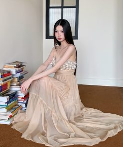 Light Luxury French-Style Heavy Sequined Floral Strap Dress with Waist-Cinching Chiffon Long Skirt - Elegant Evening Wear